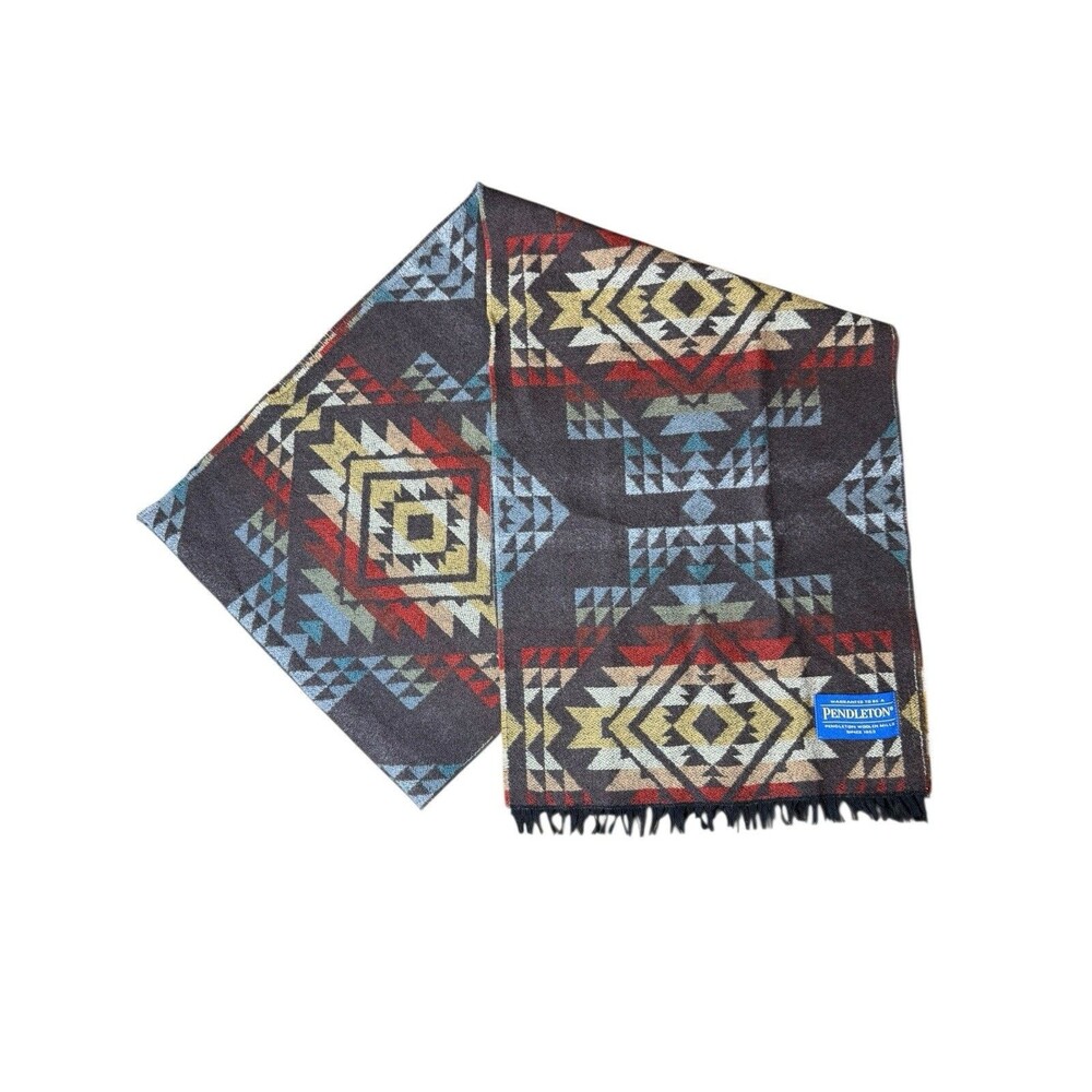 Pendleton Jacquard Woven Wool Scarf 11"x62" Fringe EUC Blue Red Brown Design